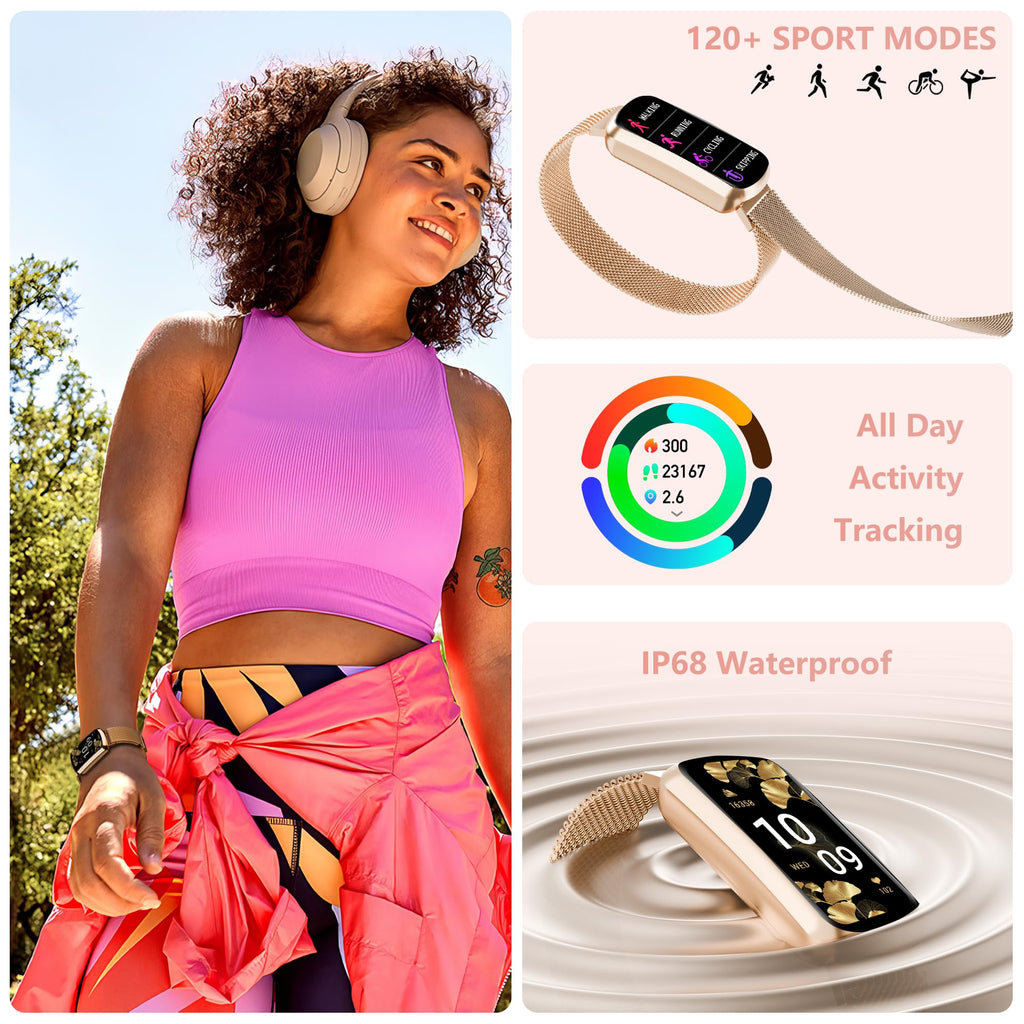 Health Fitness Tracker, Smart Watch with 24/7 Heart Rate, Activity Tracker with Blood Pressure and Blood Oxy-gen Monitor, 120 Sport Mode Waterproof Sleep Tracker for Women Men (Pink Gold)