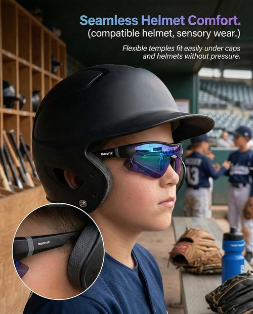 Maivnz Youth Baseball Sunglasses - Kids Sports Glasses for Ages 6-12 | Helmet Compatible for Softball & Cycling