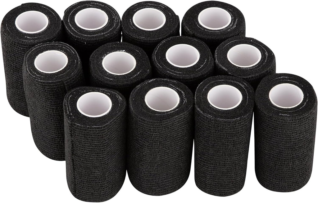PHYTOS 12 Rolls Self-Adhesive Bandage Wrap - 4 Inch x 5 Yards Cohesive Sports Tape | Breathable Vet Wrap for Horses & Dogs (Black)