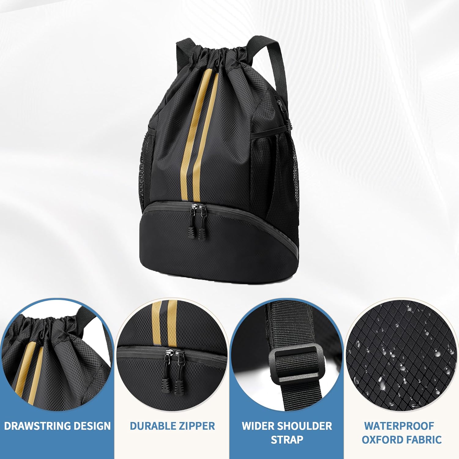 Skiennix Drawstring Backpack Gym Bag - Water-Resistant with Shoe Compartment | Black & Gold