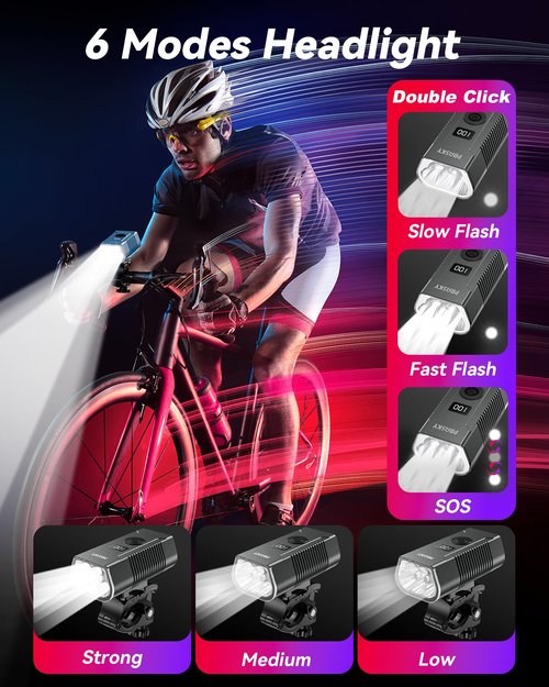 Bike Lights for Night Riding, USB Rechargeable Mountain Bicycle Headlight, Super Bright, Waterproof, 6+4 Light Modes Bike Light Set for Cyclists and Commuters - Gray