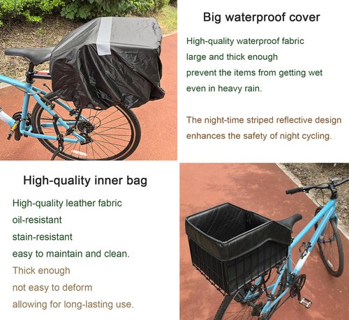 THALOUS Large Bike Rear Basket Thickened Folding Bicycle Basket with Leather Liner Bag Waterproof Cover Cargo Net Quick Release