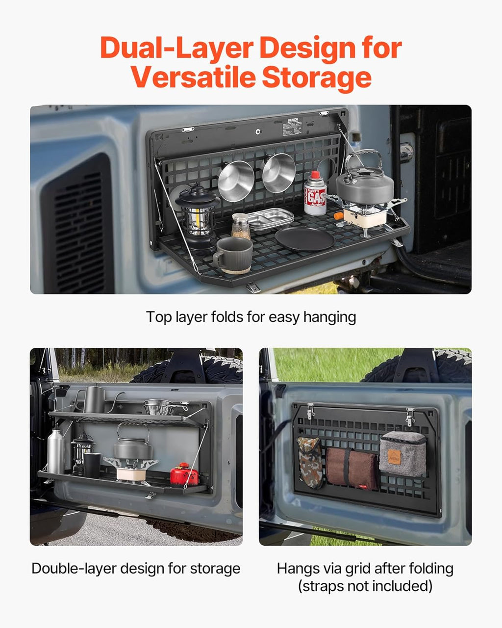 VEVOR Tailgate Table for Jeep Wrangler JL (2019-Present) - Foldable Carbon Steel Molle Panel & Cargo Rack