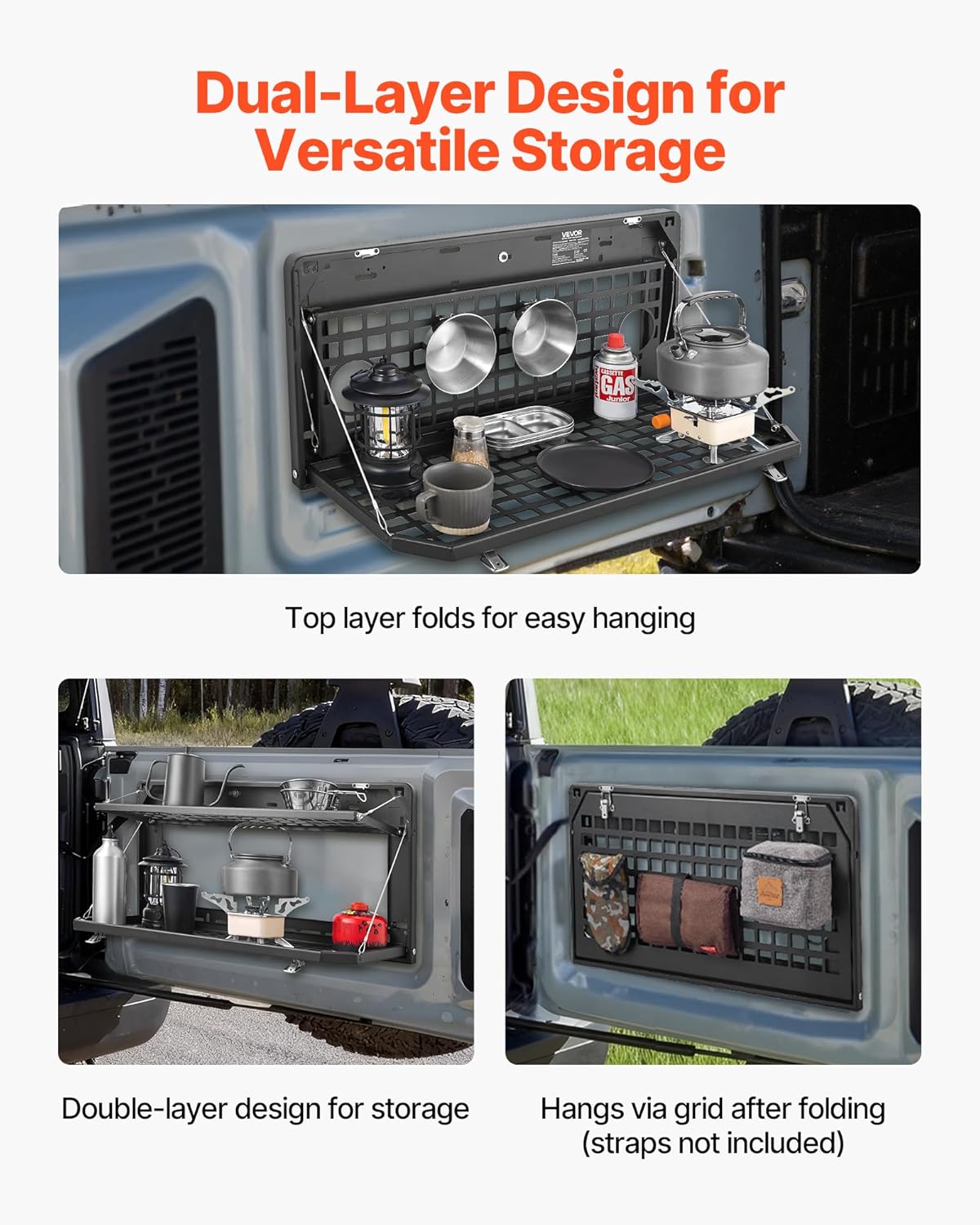 VEVOR Tailgate Table for Jeep Wrangler JL (2019-Present) - Foldable Carbon Steel Molle Panel & Cargo Rack