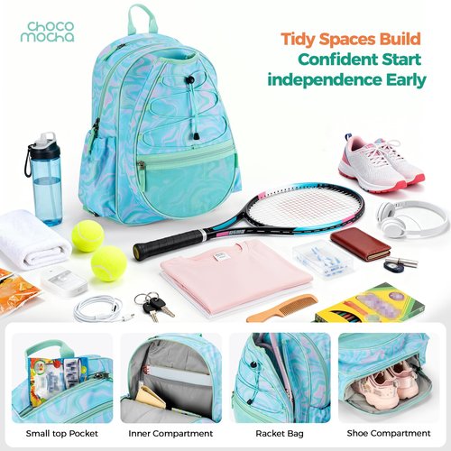 Choco Mocha Kids Tennis Bag for Girls, 16 Inch Youth & Junior Tennis Backpack with Shoe Compartment, Holds 2 Rackets (21–23 Inch), Solid Purple