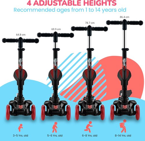 Hurtle 3-Wheeled Kids Scooter - LED Wheel Lights, Adjustable Handlebar & Foldable Seat | Ages 1-14