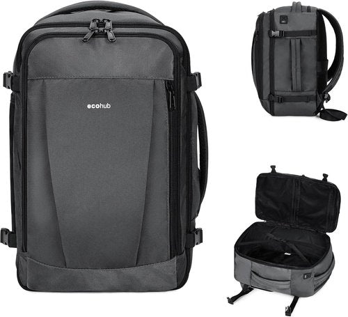 ECOHUB Travel Backpack - Airline Approved Personal Item Bag | Waterproof Gym Daypack with 13 Pockets, Light Grey