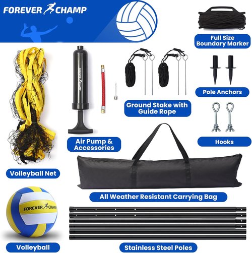 Forever Champ Volleyball Net - Regulation 32x3 Ft Size with 8.5-Inch PU Volleyball & Carrying Bag | Portable Outdoor Set