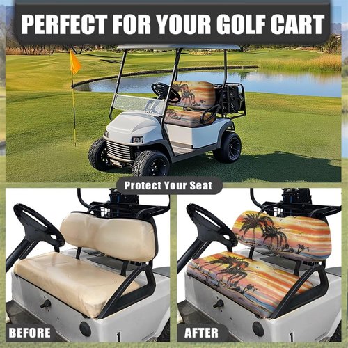 Renewold Women Men Golf Cart Seat Towel Blanket and Backrest Cover 2 Pack Set Elastic Cushion Covers Universal Fit Most 2 Person Seats Decor Accessories Coconut Tree Sunset Birds