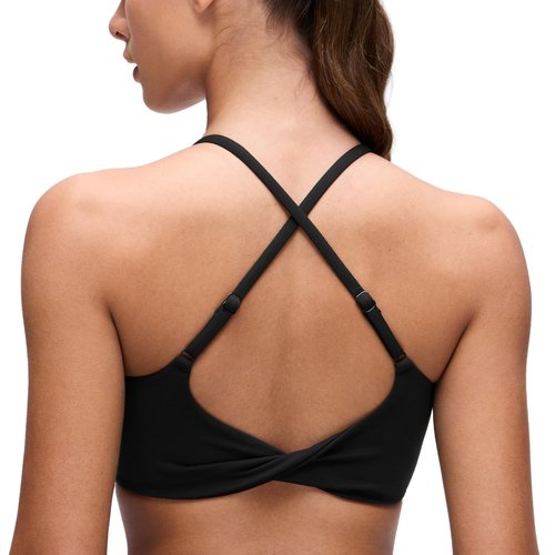 CRZ YOGA Butterluxe Twist Cross Back Sports Bras for Women - U Neck Padded Adjustable Spaghetti Straps Yoga Top Black Small