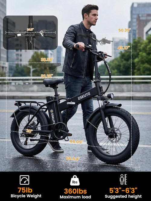 ESKUTE D300 Electric Bike - 1200W Peak Motor, 48V 20.8Ah Battery, 28 MPH, 80 Miles Range, Foldable Design