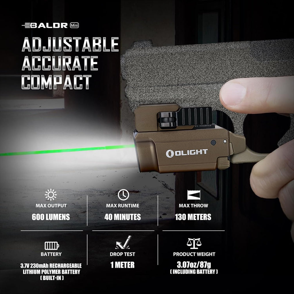 OLIGHT Baldr Mini Tactical Flashlight - 600 Lumens Green Beam & White LED | Compact Rechargeable, Desert Tan