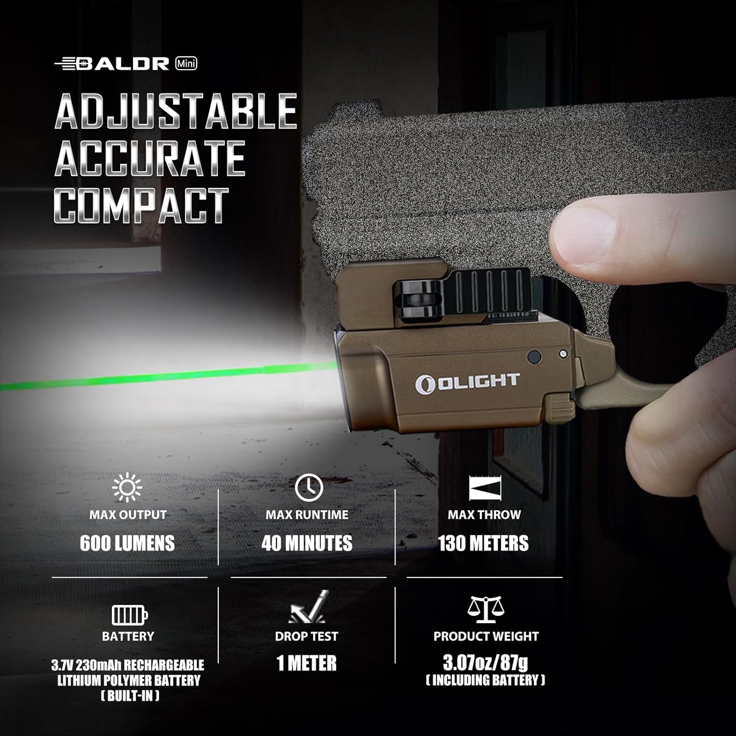 OLIGHT Baldr Mini Tactical Flashlight - 600 Lumens Green Beam & White LED | Compact Rechargeable, Desert Tan