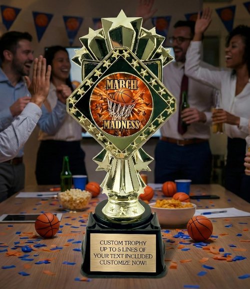 March Madness Trophy - 9-Inch Customized Basketball Bracket Award | Engrave with Gold Plate