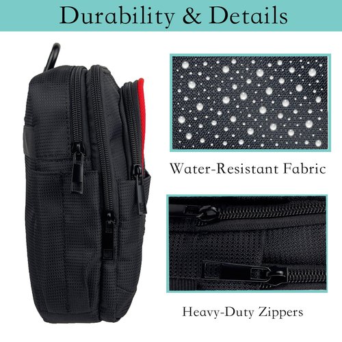 Tactical Golf Valuables Pouch with Clip-On Carabiner – Water-Resistant Golf Tee Bag Pouch for Belt, Cart or Backpack – Compact Golf Accessory Bag for Balls, Tees, Gloves & EDC Gear Black/Red