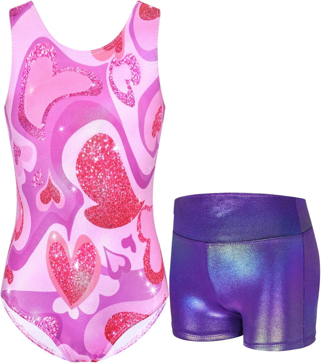 Skiennix Gymnastics Leotards for Girls - Sparkly Sleeveless Tumbling Bodysuits with Shorts