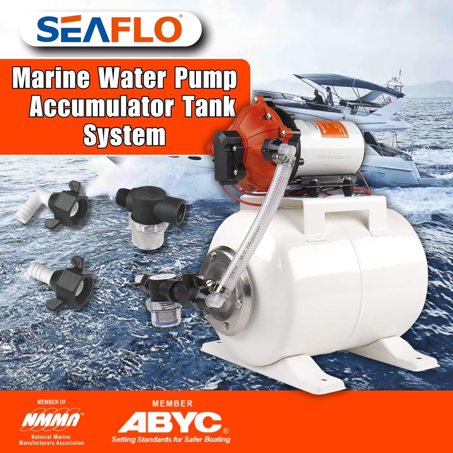 SEAFLO Marine Water Pump - 12V DC 60 PSI 5.5 GPM with 2 Gallon Accumulator Tank | Quiet Operation & 4-Year Warranty