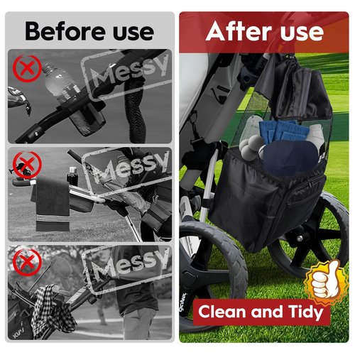 T TGBROS Universal Golf Push Cart Accessories - Expandable Mesh Storage Bag with Zippered Pockets, Backside Extension Net Organizer for Push-Pull Golf Carts (Black)