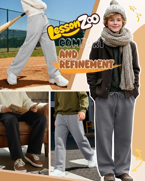 LessonZoo 4 Pack Boys Baggy Sweatpants Straight Leg Open Bottom Casual Pants Basic Elastic Waist Athletic Kids Joggers(Dark Gray, Light Gray, Gray, Black,Large)