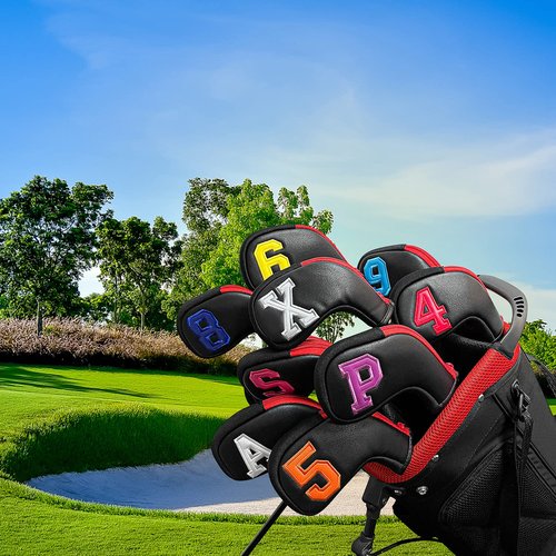 WOSOFE Zippered Golf Iron Head Covers, 10-Piece Set | Premium Waterproof PU Leather with Vibrant Number Embroidery | Universal Fit for All Major Brands | Noise-Dampening Protective Iron Sleeves, Black