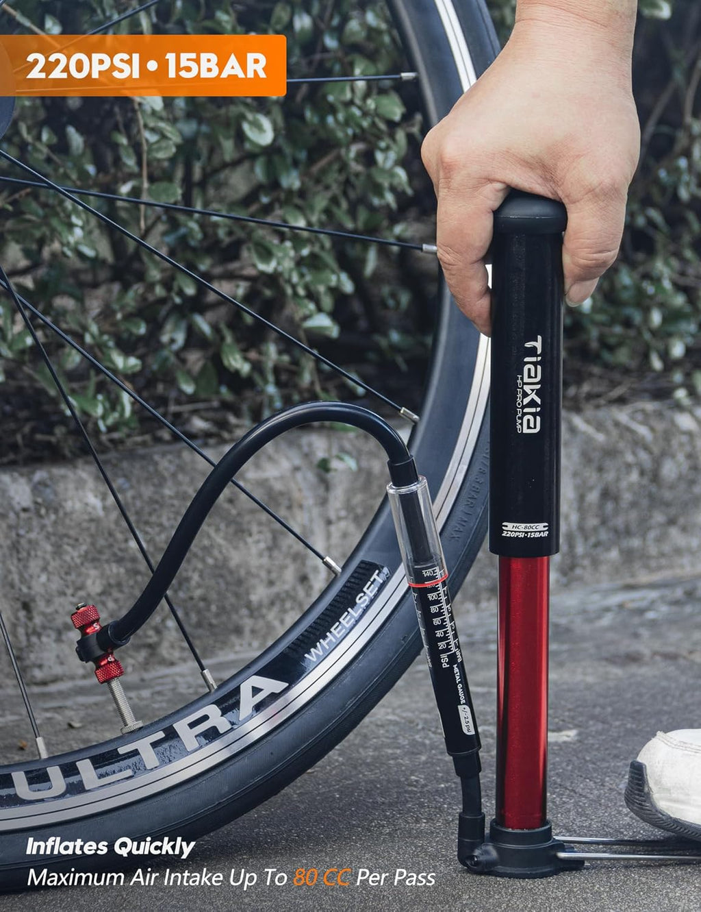 Tiakia High Pressure Bicycle Pump - Portable Hand Air Pump with Gauge for Presta & Schrader Valves | Aluminum, Fits Mountain & Road Bikes, Strollers, Balls