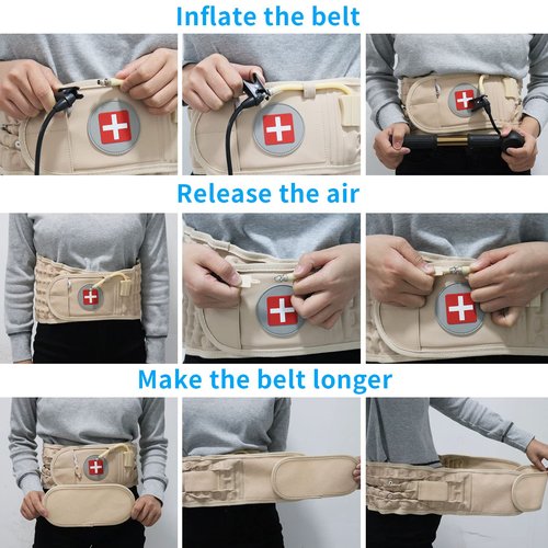 6xigouma Decompression Back Belt - Lumbar Support Belt for Men & Women Lower Back Pain Relief, Back Traction Device Fits Waist Size 29-49 Inches (Beige)
