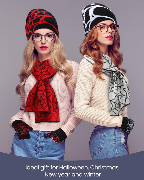 Shihanee 6 Pcs Y2k Beanies Set Spiderweb Pattern Include 2 Gothic Acrylic Knitted Hats/Gloves/Scarves, Stretchable Unisex Casual Streetwear Outdoor Winter for Men Women, Black, Red, White