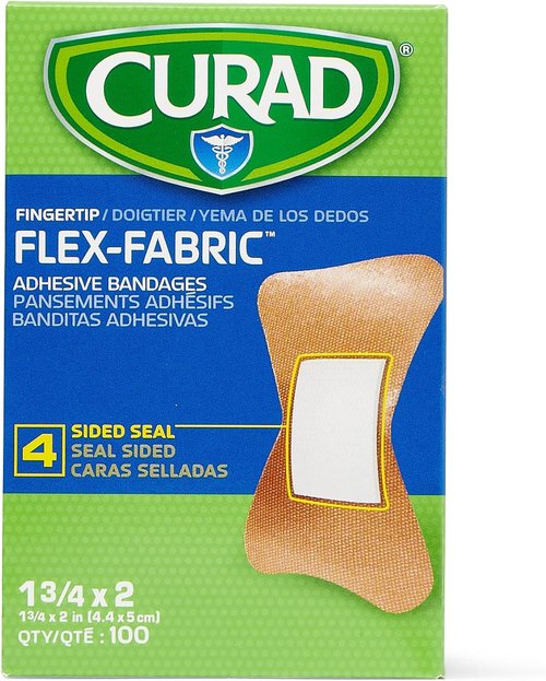 CURAD Flex-Fabric Fingertip Bandages - Skin-Friendly Adhesive, Breathable Fabric, 2 x 1.75 Inches, 100 Count
