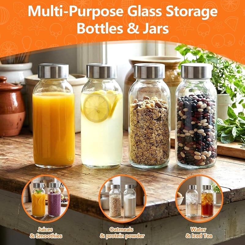 8 oz Glass Bottles with Stainless Steel Lids 4 Pack - Clear BPA-Free Reusable Juice Bottles (Variation: 8oz Clear Glass 4 Pack)