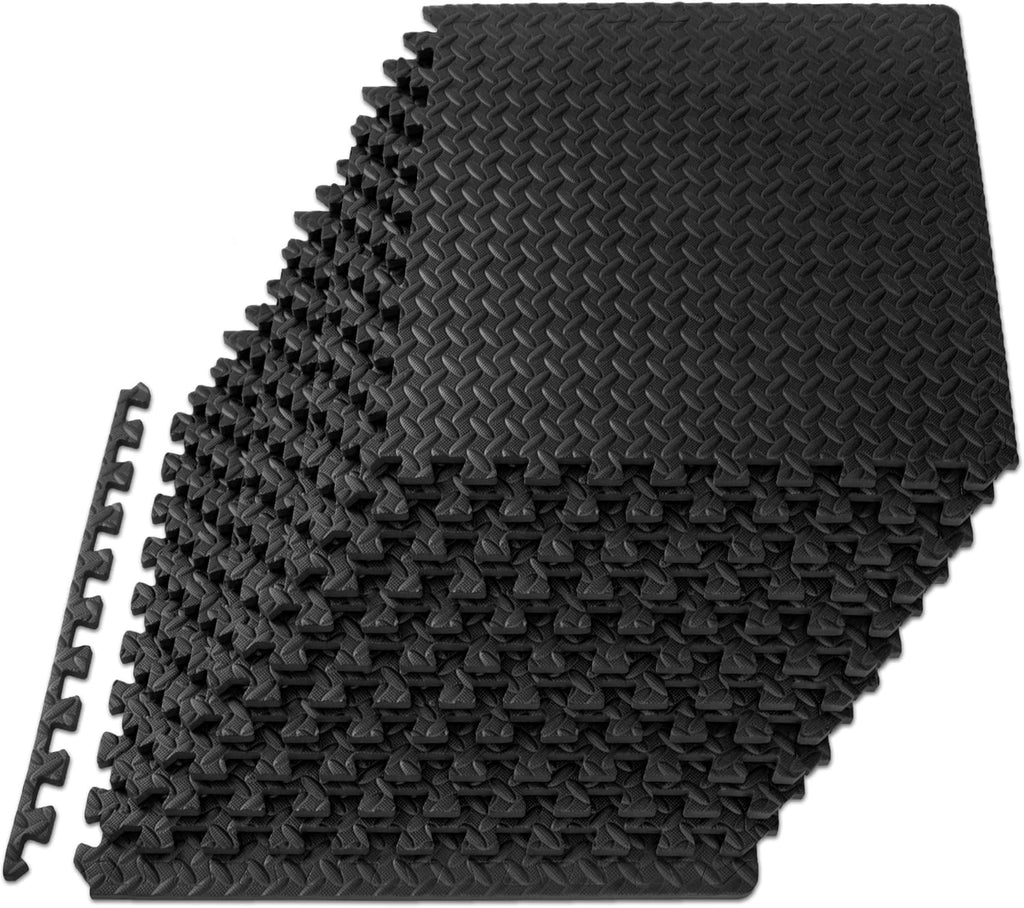 ProsourceFit Puzzle Exercise Mat - Water-Resistant EVA Foam Tiles for Home Gym | Black, 24"x24", 48 Sq Ft (12 Tiles)