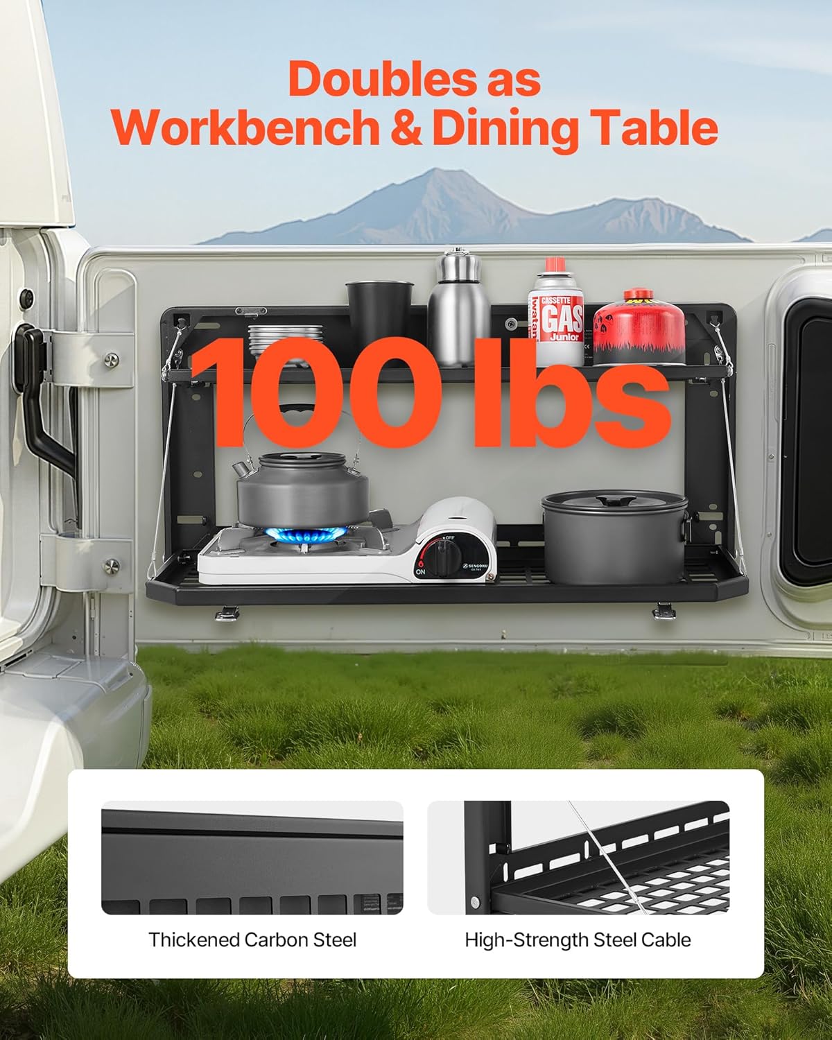 VEVOR Tailgate Table for Jeep Wrangler JL (2019-Present) - Foldable Carbon Steel Molle Panel & Cargo Rack