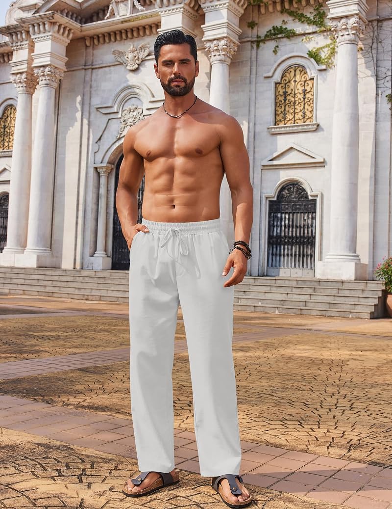 COOFANDY Men's Linen Pants Loose Fit Elastic Waist Drawstring - White, Large