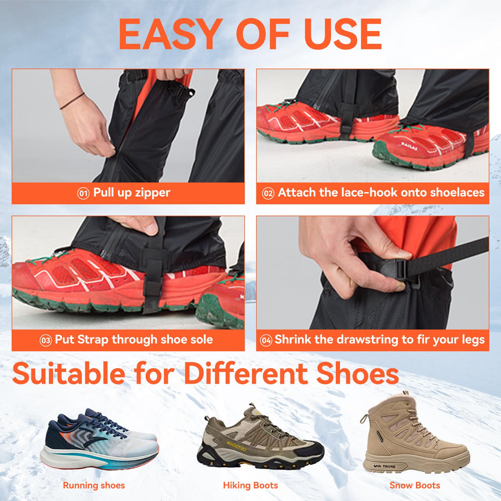 OrrinSports Gators for Hiking Boots with Upgraded Zipper Gaiters for Hiking Snow Waterproof Lightweight Leg Gaiters for Men Women Medium