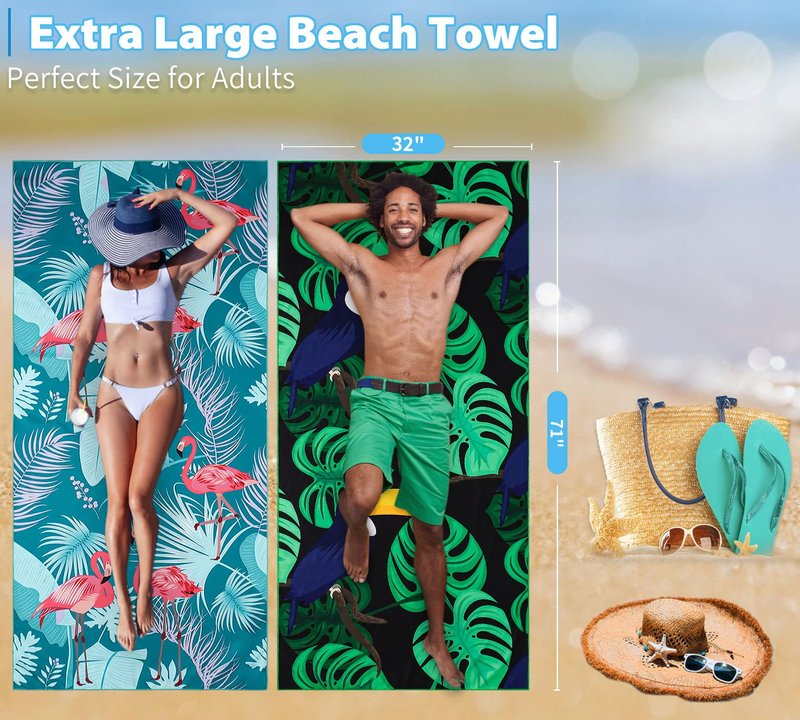 Gomust 2 Pack Lightweight Thin Beach Towel Oversized 71"x32" Big Extra Large Microfiber Sand Free Towels for Adult Quick Dry Travel Camping Beach Accessories Vacation Essential Gift Flamingo Toucan