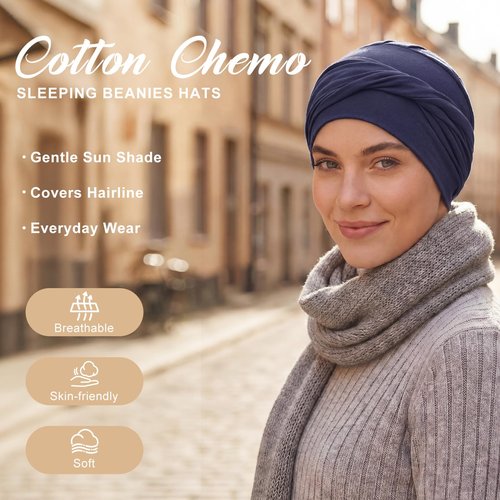 Zhengmy 4 Pcs Cotton Chemo Headwear for Women, Soft Cancer Skull Cap, Knot Turban Stretchy Sleeping Hats for Hair Loss Gift(Black, Khaki, Wine Red, Navy Blue)