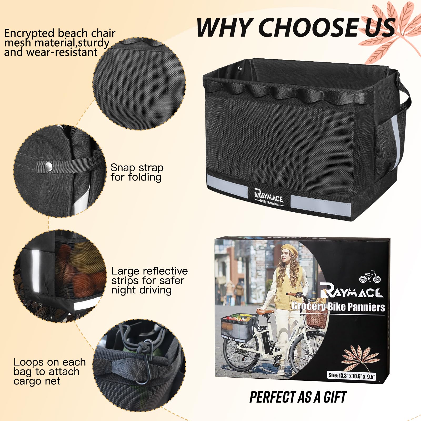 RAYMACE 2Pack Bike Grocery Panniers for Bicycles and Ebikes,Bike Rack Bags with Reflective Spots and Side Pockets,Folding Bike Basket Fits for Most Rear Racks (Black)