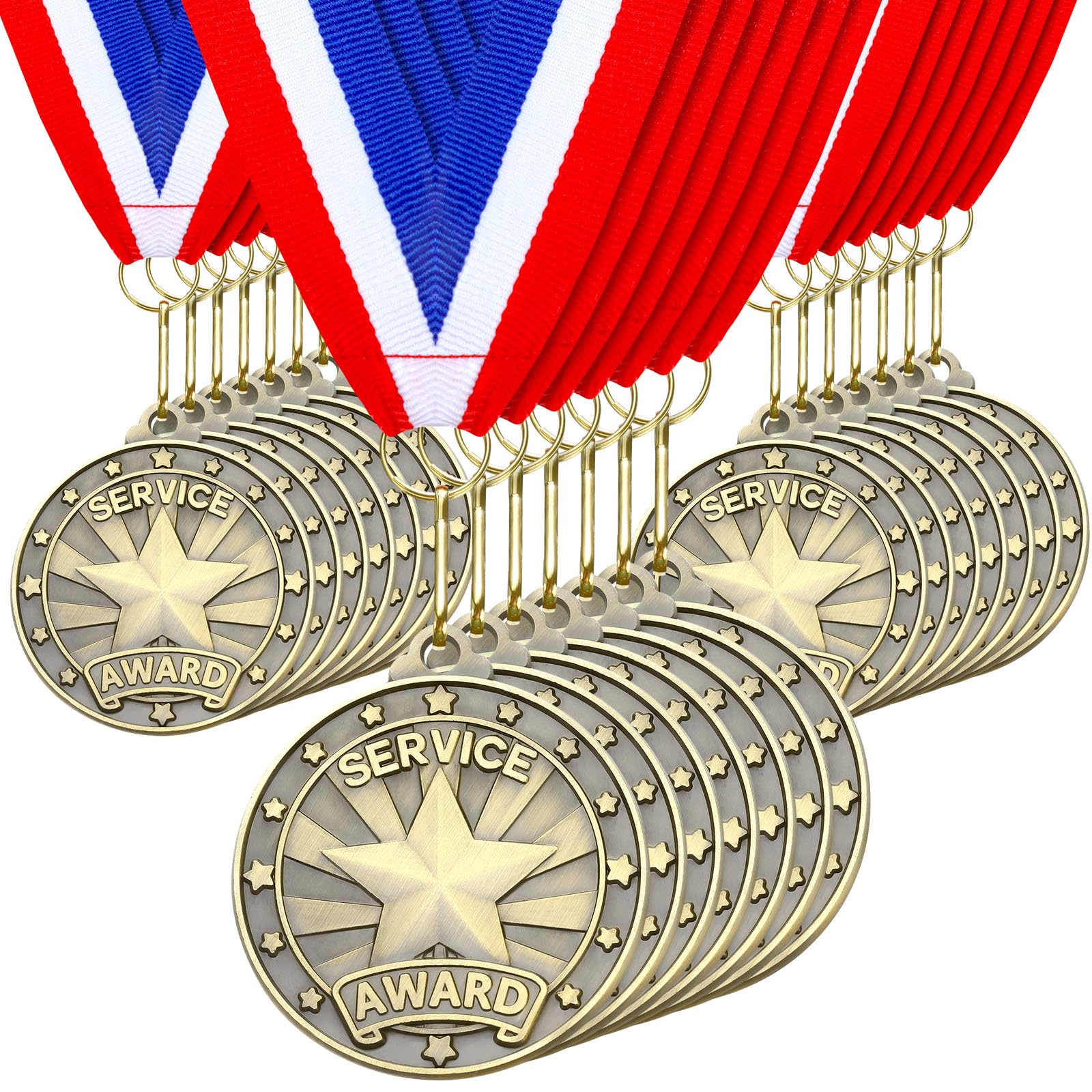 Quelay 30 Pcs 2'' Award Medals Bulk Gold Winner Medals with Neck Ribbons Metal Trophy Award Prize Gift for Tournaments, Competitions, Party, Kids and Adults (Service Award)