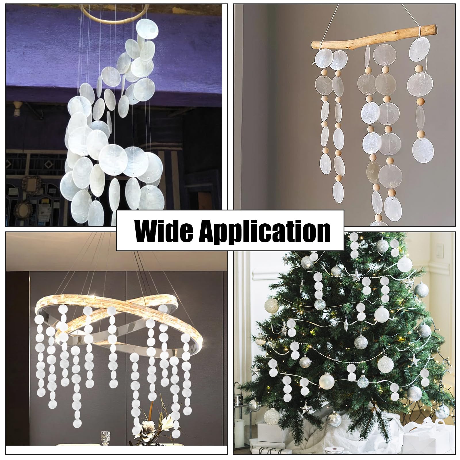 Elesunory Round Capiz Shells, 200 Pcs Capiz Shells and 100 Pcs Shell Garland Strings Bulk with 2 Holes, 2” Blank Shell Pendants for Wedding Home Decor Birthday Party DIY Craft Hanging