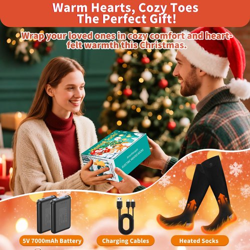 Heated Socks for Men Women, Upgraded 7000mAh Rechargeable Battery Heated Socks, Warmth Up to 12 Hours, 4 Heating Settings, Washable Thermal Electric Heating Socks (Black & Gray, Unisex-Adult)