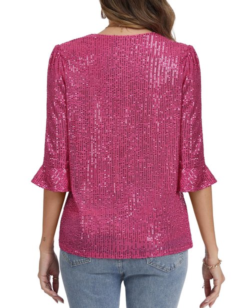 LADI TREND Sequined Tops for Women Ruffle 3/4 Sleeve Sparkly Shirts Evening Party Glitter Top Disco Cocktail Shimmer Shirts #Hot Pink,Size S#
