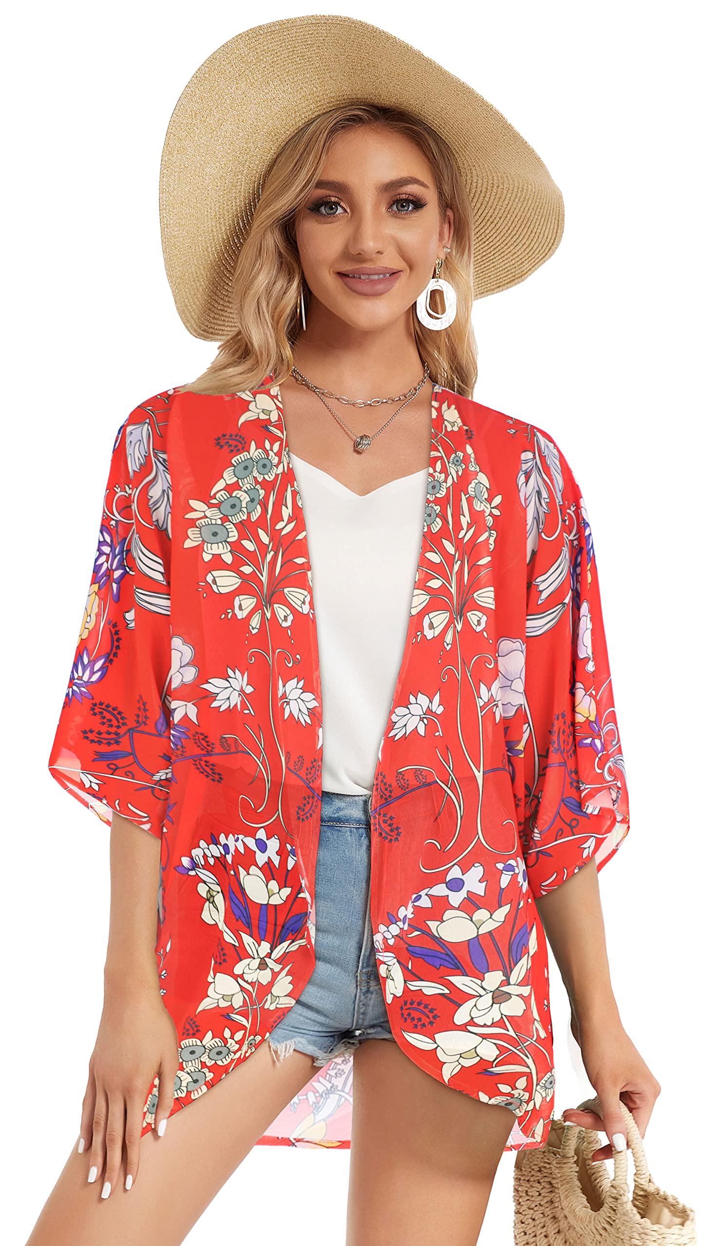 Summer Kimono Cardigan for Women Sheer Boho Tops Casual Open Front Swimwear Shirts Beach Cover ups (Boho Red,S)