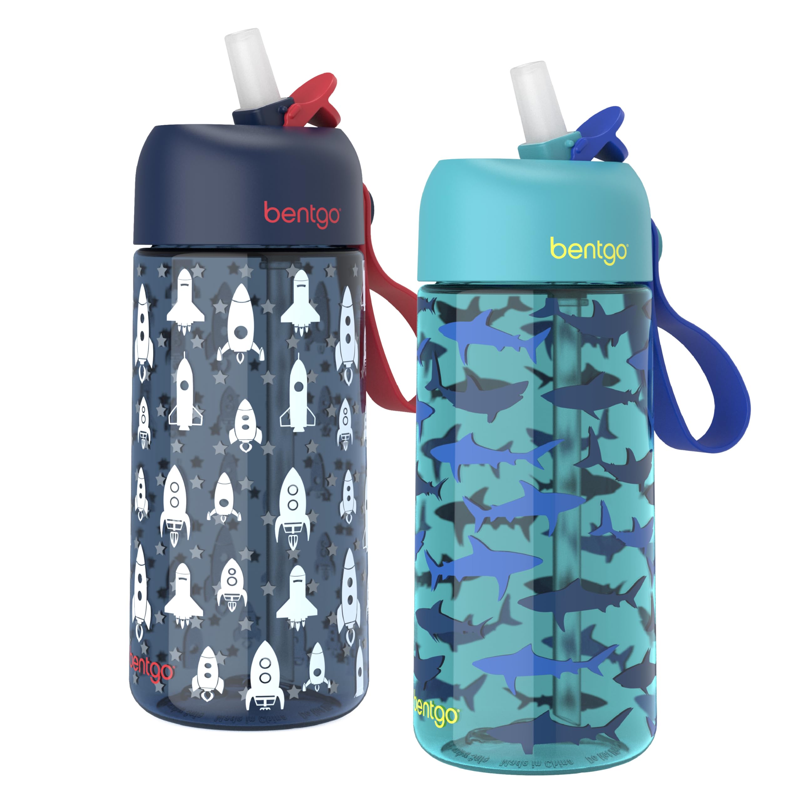 Bentgo Kids Water Bottle 2-Pack - Leak-Proof Durable Tritan BPA-Free 15 oz Cup for Kids/Toddlers Ages 3+; Bite & Sip Spout + Dishwasher Safe for School/Sports/Daycare/Camp (Rocket/Shark)