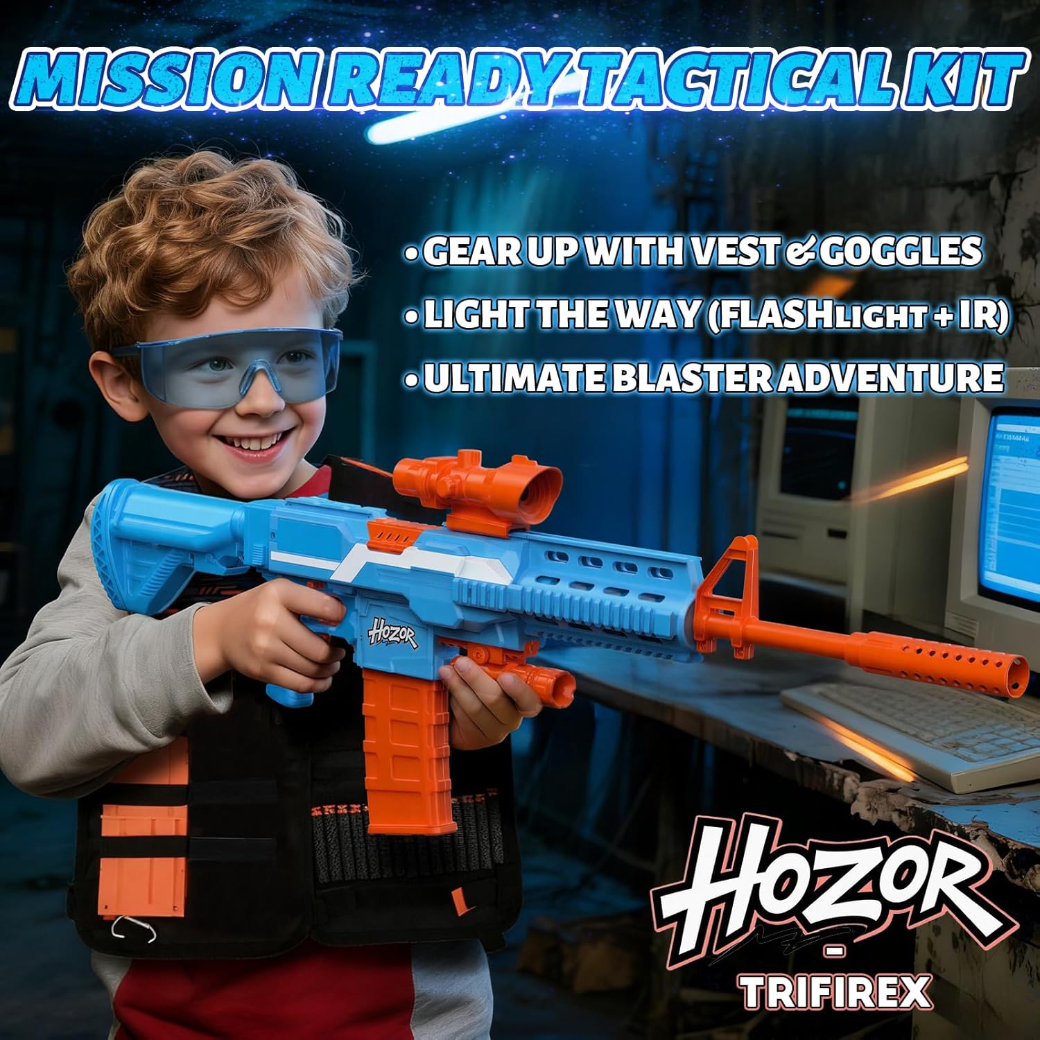 TriFireX Motorized Blaster Tactical Vest Kit - Rechargeable, 3 Firing Modes, 150 Foam Darts, Kids' Gift