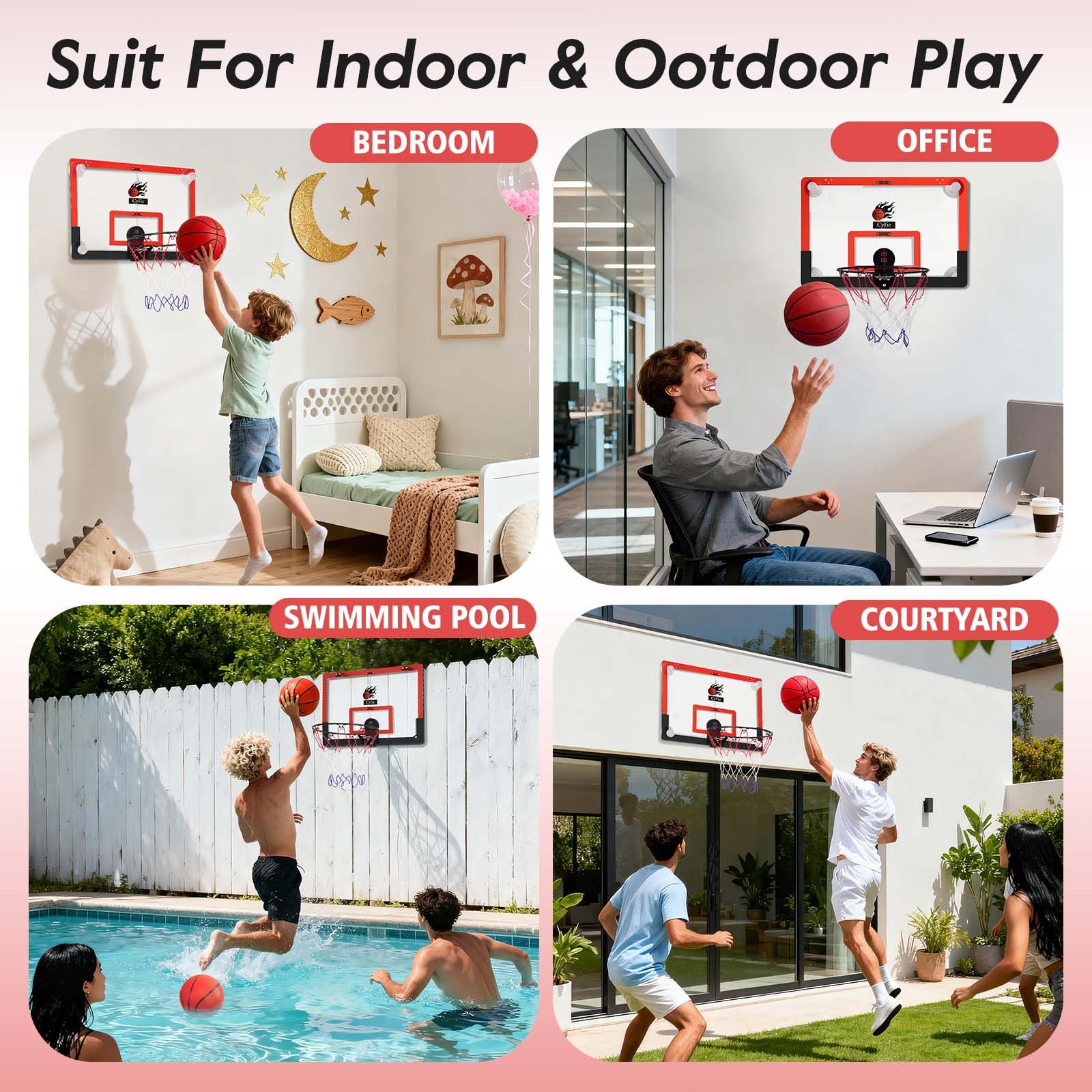 CYFIE 24" x 16" Large Basketball Hoop, Suction Cup/Over The Door Basketball Hoop with Sturdy Backboard/Electronic Scoreboard,Sound,3 Balls, Basketball Toys Gifts for Adults Kids Teens Boys Girls