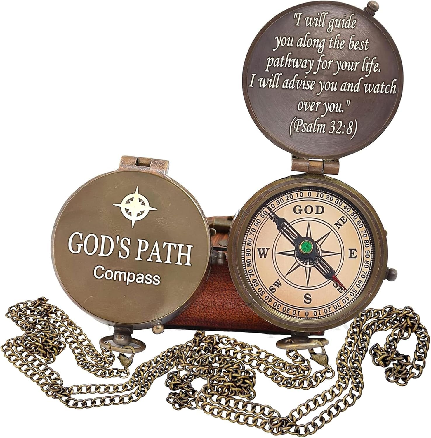 PSALM God's Path Compass - Engraved Working Handmade Antique Compass with Scripture - Religious, Christian, Catholic, Christening, First Communion, Confirmation Gifts for Teenage Men (Leather Box)