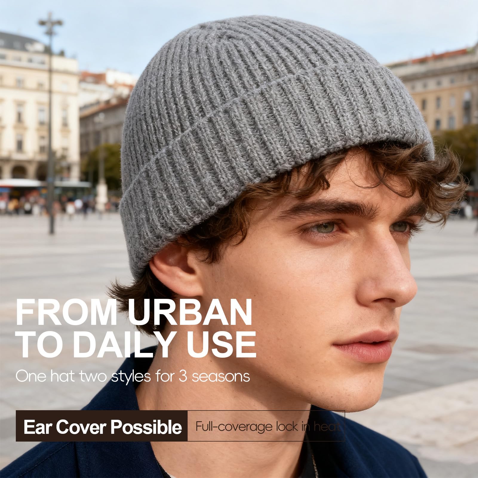 Oversized L/XL/XXL Merino Wool Beanie Hat for Men Big Head Cuffed Watch Cap Warm Soft Knit Winter Hat Black