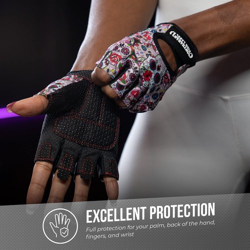 Contraband Pink Label 5237 Womens Designer Workout Gloves | Sugar Skull Print w/Grip-Lock™ Padding (White, X-Small)