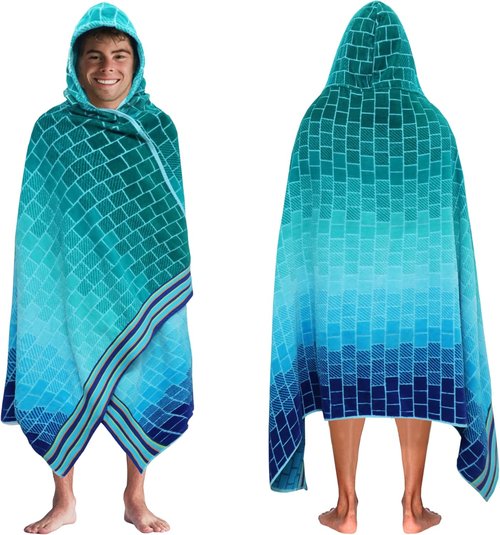COTTON CRAFT Oversized Hooded Beach Towel - XXL 35x84 Soft Cotton Velour - Big Kahuna Blue Tiles