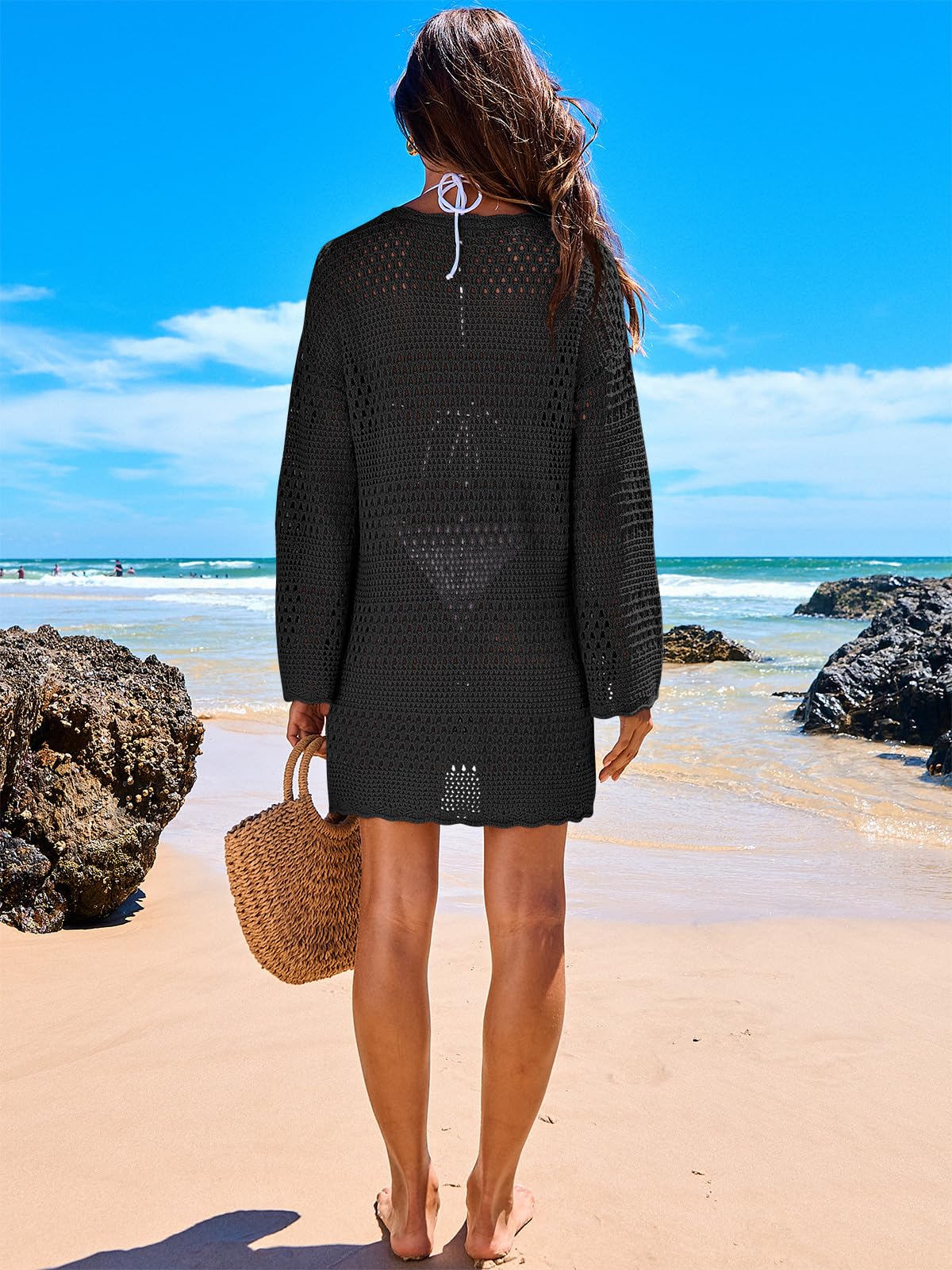 ANRABESS Women Swimsuit Crochet Swim Cover Up 2026 Summer Bathing Suit Swimwear Mesh Knit Beach Dress Vacation Outfits Black Small