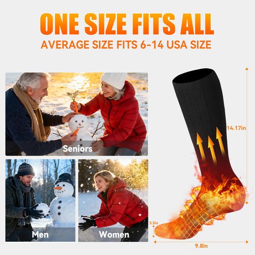 Rasfalo Heated Socks for Men Women, Rechargeable Heated Socks with 4000mAh Battery 3 Heating Levels, Electric Socks Thermal Foot Warmer Socks for Winter Outdoor Sports, Camping, Hunting Black & Gray